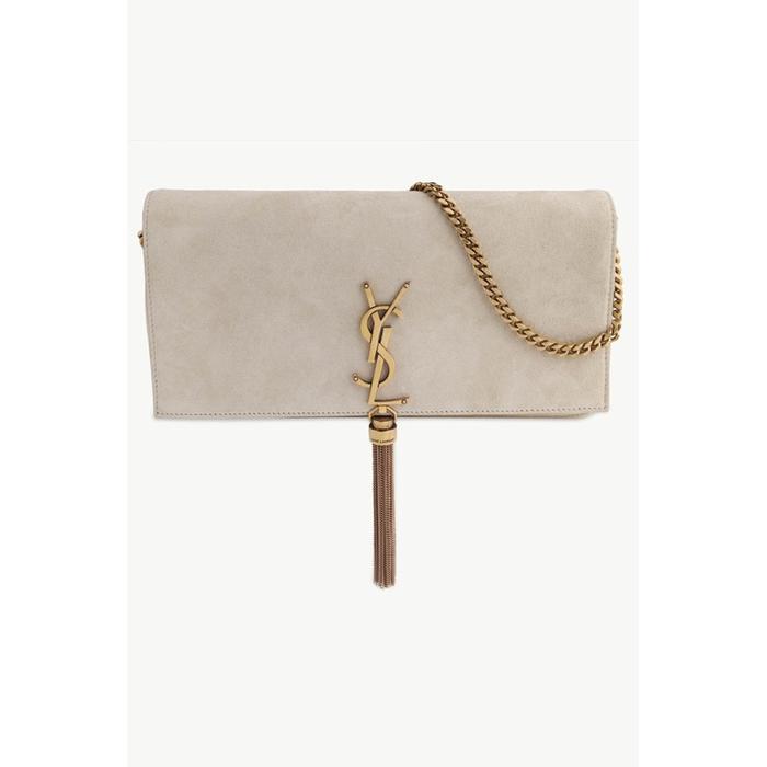 YSL MEDIUM KATE 99 CHAIN SHOULDER BAG IN SEA SALT SUEDE WITH TASS