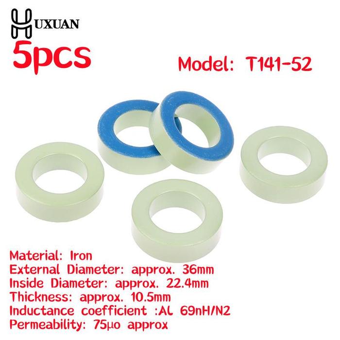 5 Buah 36*22.4*10.5Mm T141-52 Inti Besi Ferrite Toroid Cincin Biru