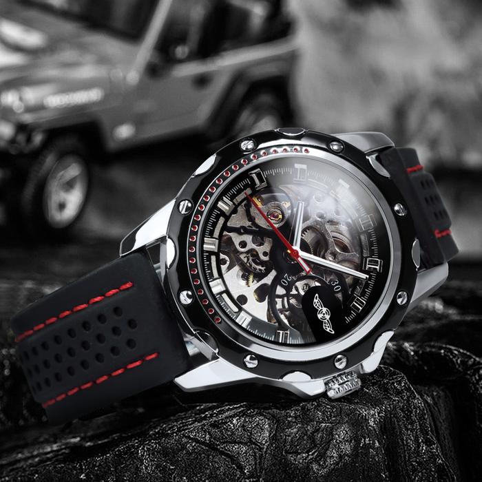 WINNER Sports Outdoor Automatic Watch for Men Luminous Hands Black Skeleton Mechanical Watches Luxur