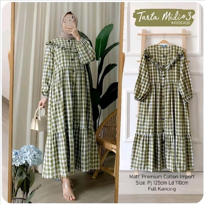 Midi Dress Tarta Gingham Hayya Ruffle Motif Kotak-kotak - Nyaman Wanita Muslim Santai Elegan Terbaru