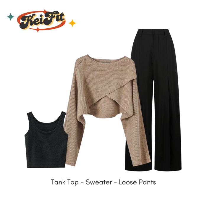Setelan 3in1 Airi Wanita Kekinian ala Korea (Tank Top, Sweater rajut Panjang Silang Korea, Celana Lo