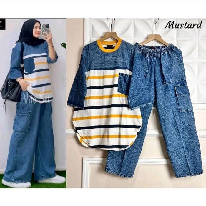 SET ATASAN OVAL SALUR // ONE SET KULOT CARGO JEANS WANITA DEWASA BY JEVANNI