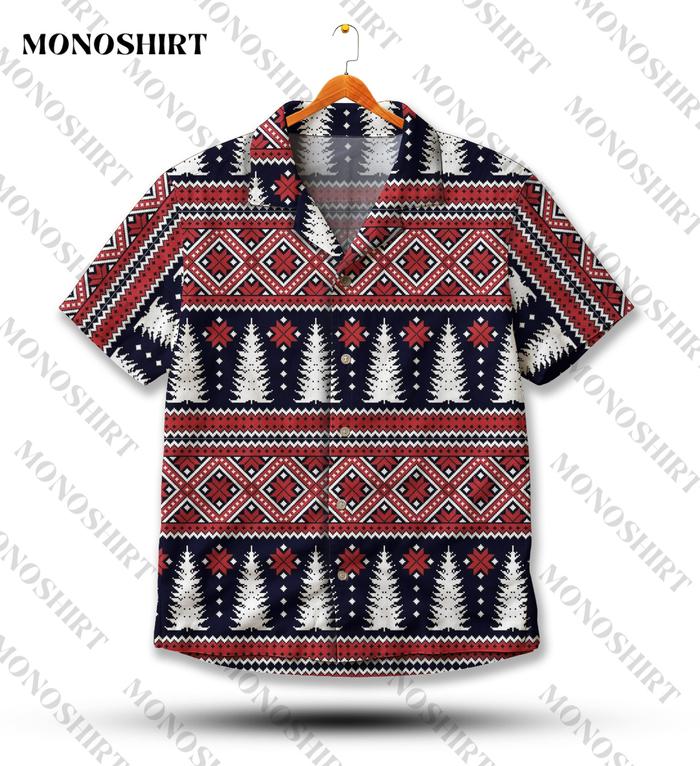 MONO Kemeja Hawaiian Pria Natal Desain Pohon Knit Merah Full Print Lengan Pendek | MS-788
