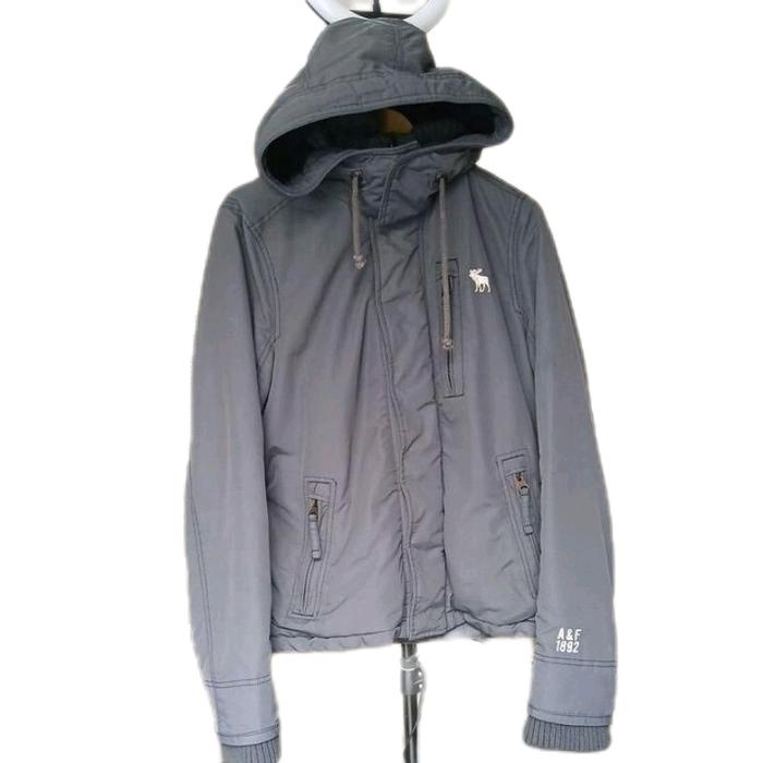 Jeket winter ABERCROMBIE second Original warna abu pekat hoodie permanen resleting tali serut kancin