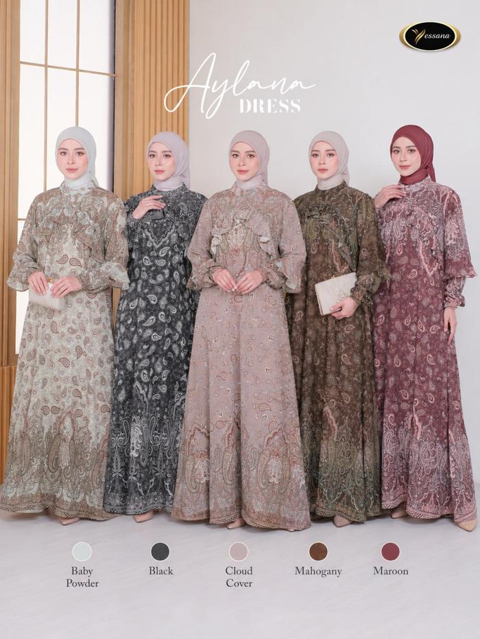 Gamis Muslim Wanita Aylana Dress Motif Paisley Lengan Karet Yessana Dress Terbaru