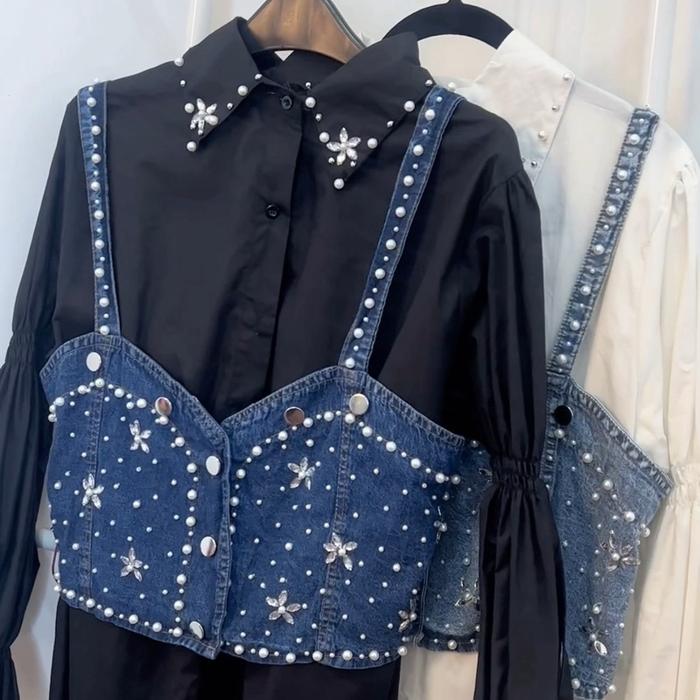 Baju kemeja rompi jeans mutiara