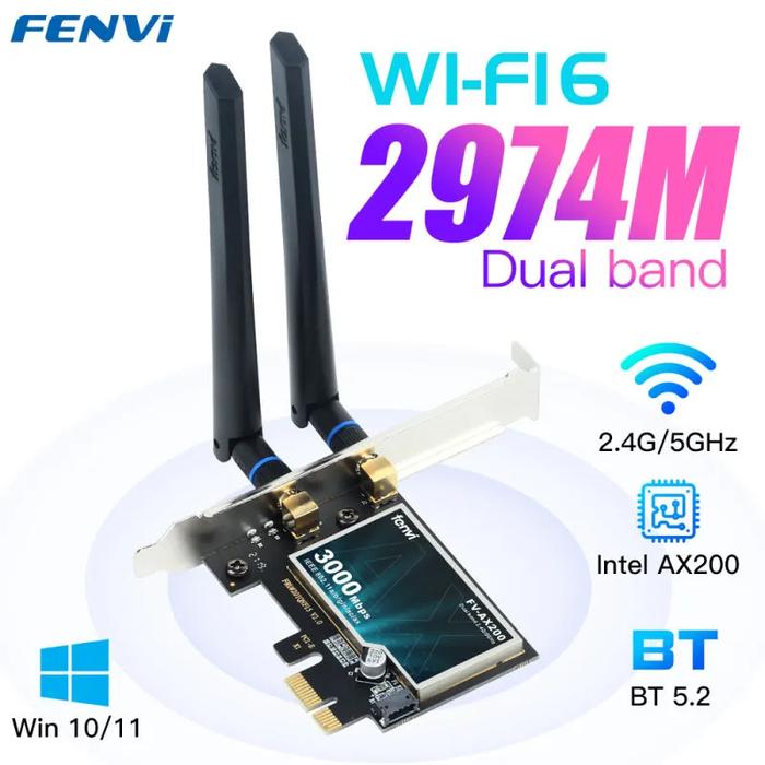 WI-FI 6 Intel AX200 3000Mbps nirkabel PCIe Adapter Desktop Dual Band