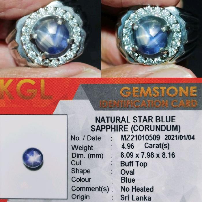 Cincin Natural Star Blue Sapphire Sri Lanka 4.96 Carats No Heated Memo KGL