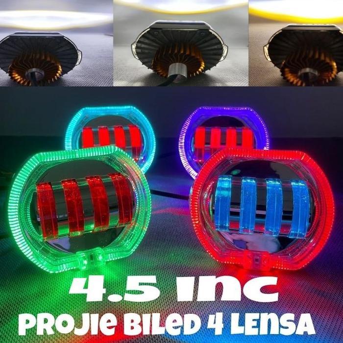 LAMPU TEMBAK LED BILED PROJIE CR7 LAMPU UTAMA BILED PROJI PLUS SHROUD BILED 4 LENSA 8D HIGH LOW PUTI