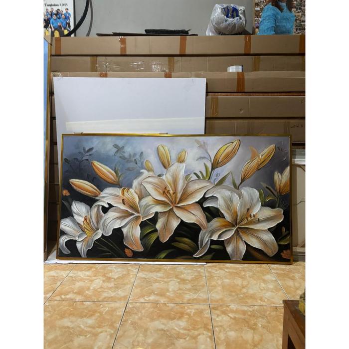 LUKISAN DINDING BUNGA LILY CASABLANCA MINIMALIS TEKSTUR TIMBUL 3D UKURAN 100X200 SIAP PAJANG PLUS FR