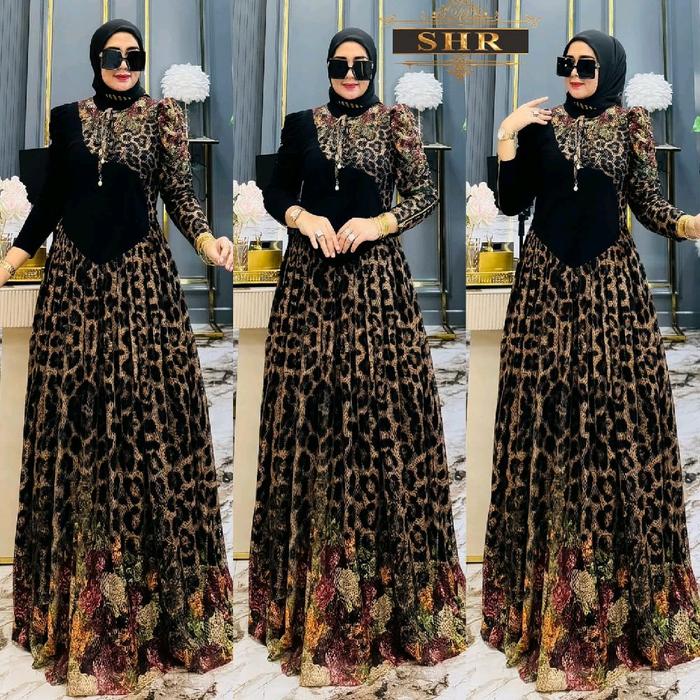 SHR ORI!! READY MAXI  DRESS MANJALITA LEOPARD RAJUT BRUKAT FULL FURING BY SHR ORI