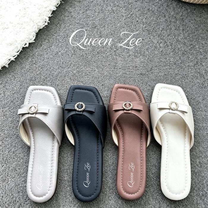Queen Zee Flat Shoes Wanita Desain Modern Elegan dengan Hiasan Bowknot dan Rhinestones untuk Tampila