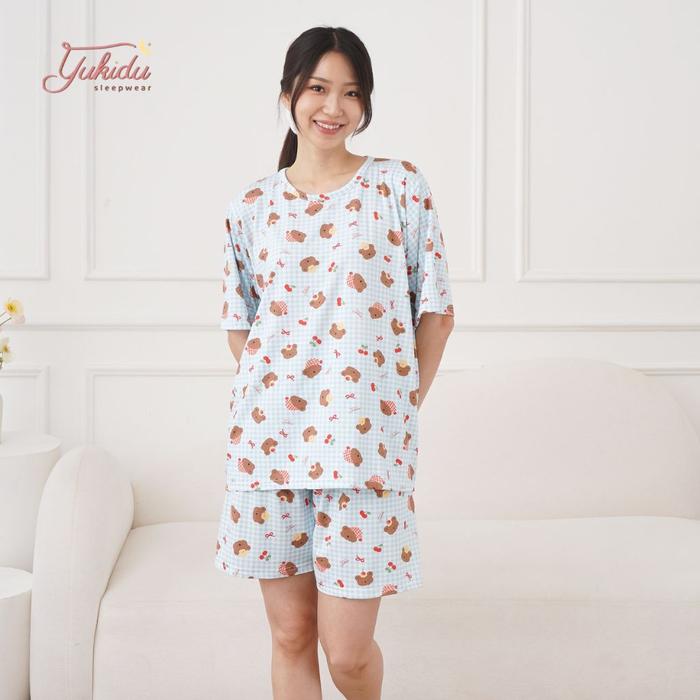 Yukidu Sleepwear Setelan Piyama Dewasa Bear Kotak - kotak Blue Bamboo Organik