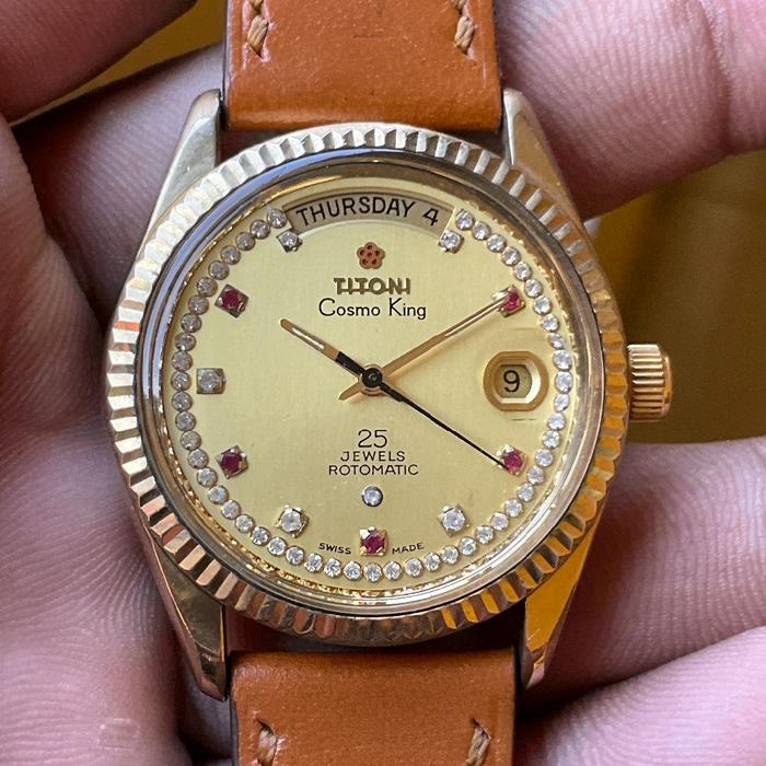 JAM KUNO VINTAGE ANTIK SWISS: TITONI COSMOKING DAYDATE PRESIDENT AUTOMATIC DIAMOND INDEX ORIGINAL AI