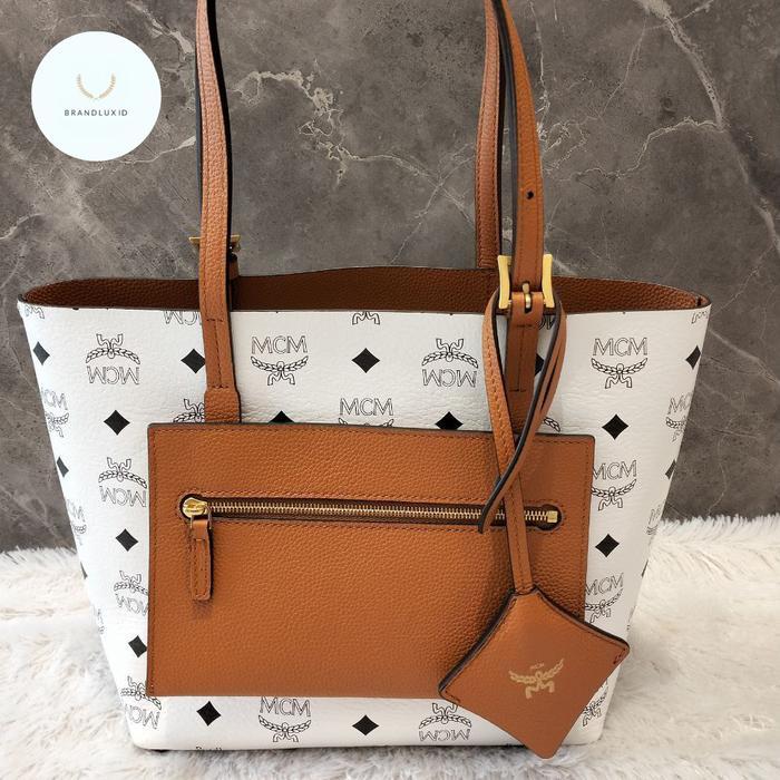 Mcm Himmel Reversible Mini Shopper Tote Bag in Embossed Logo Leather Cognac - Monogram White