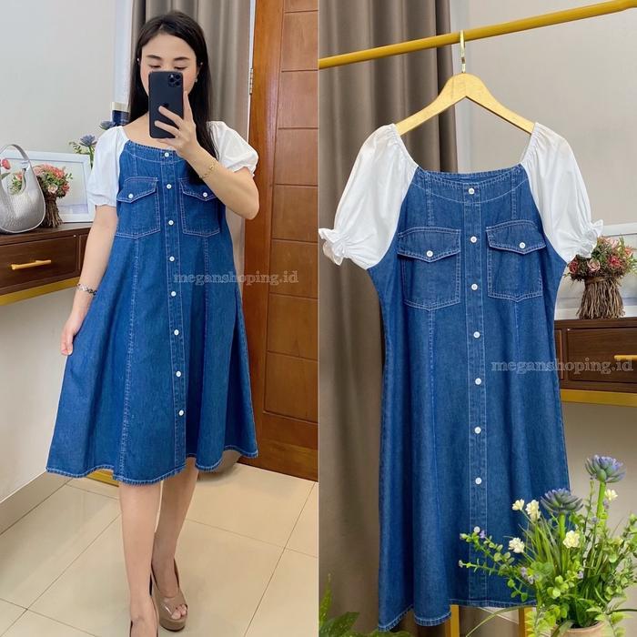 Promo meganshoping - Fujita Dress Denim Mix Katun Dress Casual Midi Terusan Fashion Wanita COD