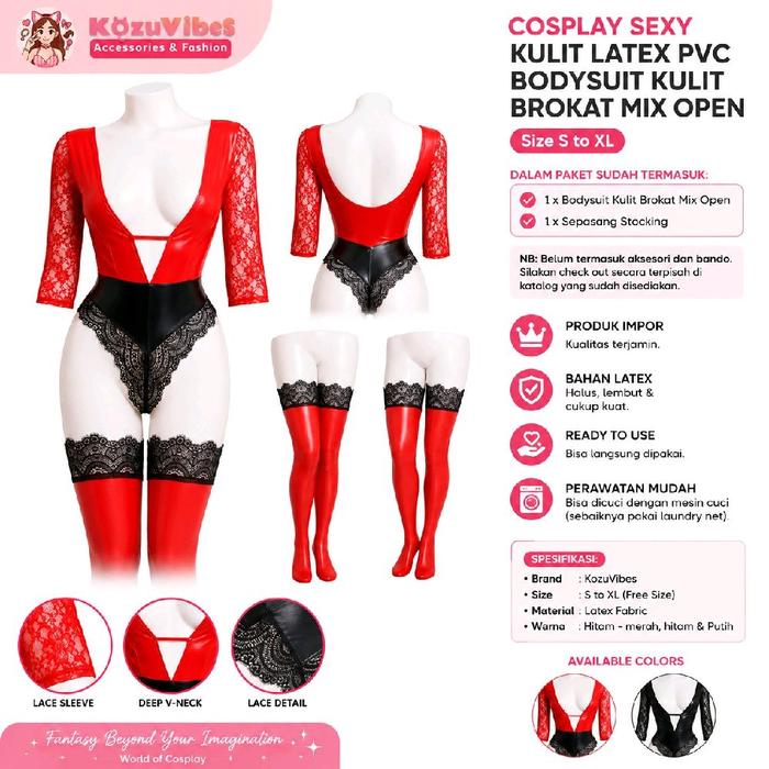 Kozuvibes Cosplay Sexy Kulit Latex PVC Bodysuit Kulit Brokat Mix Open