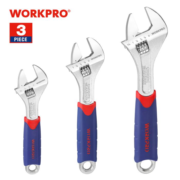 Set Kunci Pas Dapat Disesuaikan 3 Buah WORKPRO CR-V dengan Genggaman