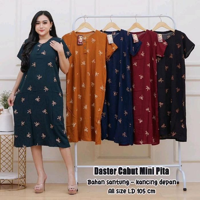 Daster Mini Pita Bahan Santung Kancing Depan Size LD 105 Cm untuk Wanita