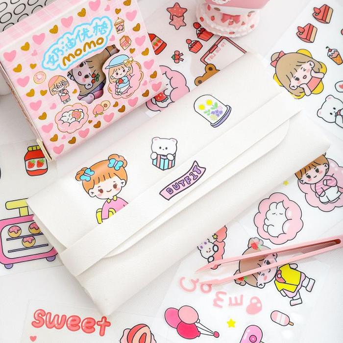 STIKER MOMO KARTUN AESTHETIC WATERPROOF 1 BOX ISI 100 PCS/ STIKER