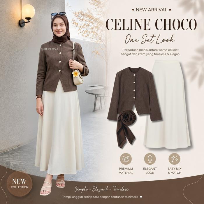 Celine Choco One Set Outfit Atasan Blazer Aile Rok Joda A Line Hijab Segiempat Bella Setelan Wanita 