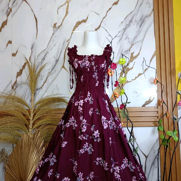 Dress Kerut Dada Bahan Rayon Bali Motif Bunga Casual Nyaman Untuk Di Berbagai Acara Pantai Santai Pa