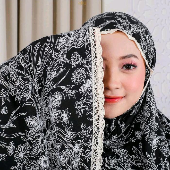 Syahira Mukena Eltu Terbaru Adem Katun Rayon Premium Dewasa Motif Tumbuhan Hitam Putih Renda Wajah B