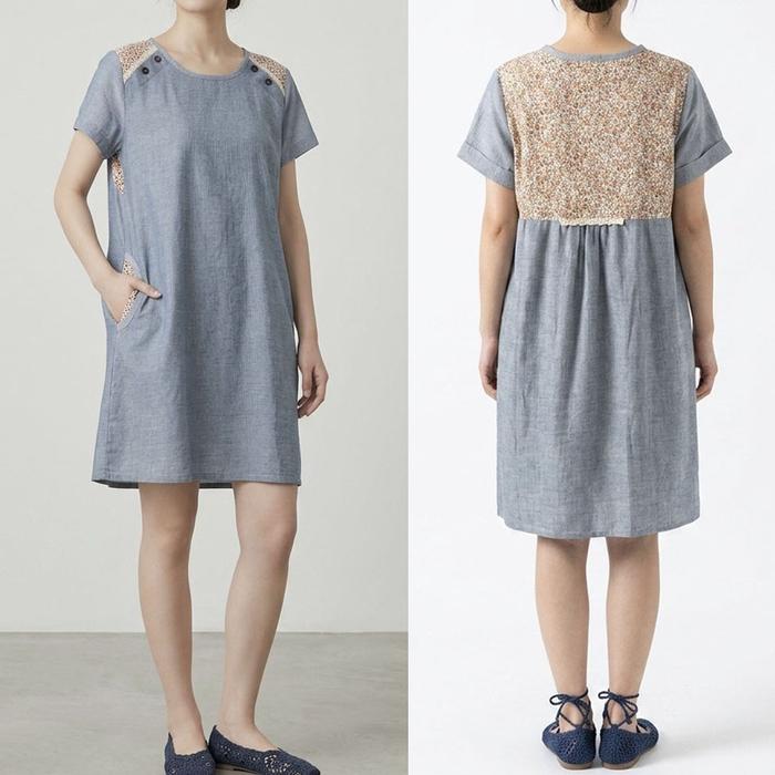 DRESS KATUN MIDI BIRU MUDA KREM KHAKI PANEL BUNGA GARIS KOREA IMPORT