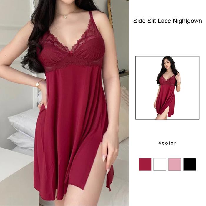 Gaun Tidur Renda Belahan Samping Gaun Tidur Tipis dengan Tali Bahu Gaun Tidur Seksi Set Pakaian Dala