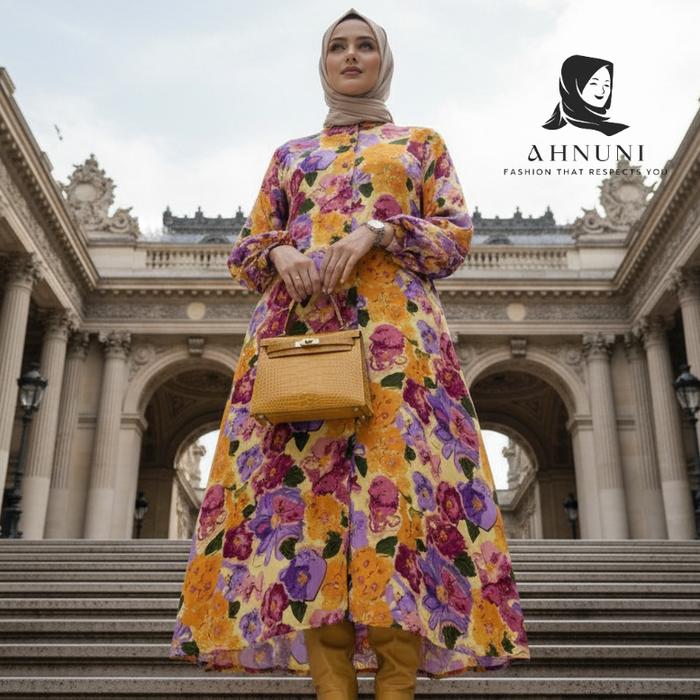 AHNUNI Gamis Full Kancing Rayon Twill Motif Bunga Lengan Karet Simple Elegan Mewah Kondangan Terbaru