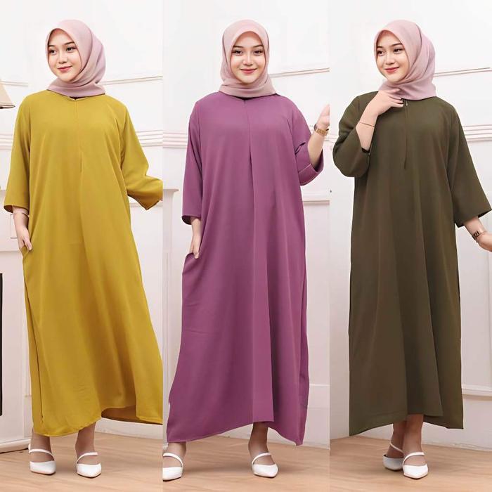 ◤New◢ Dress Gamis Daster Tunik Crinkle Airflow Polos Busui Lengan 3/4 Baju Gamis Panjang Santai Hari