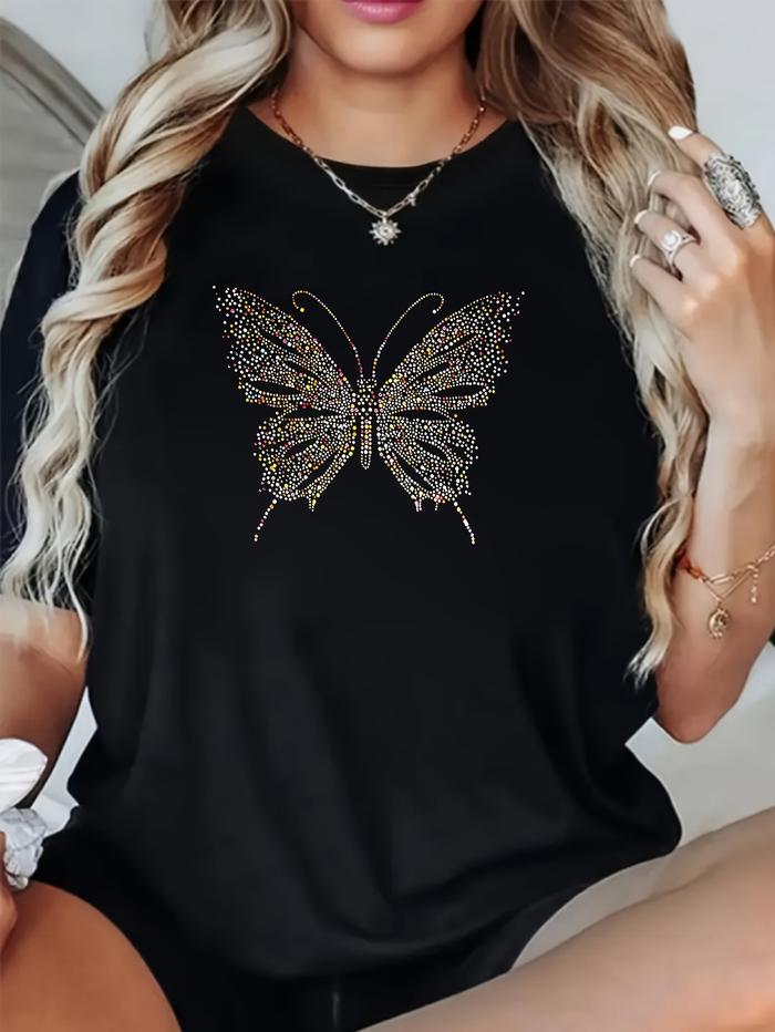 Shimmering Butterfly Embroidered Black T-Shirt for Women, Loose Fit Fashion Top, Spring/Summer Trend