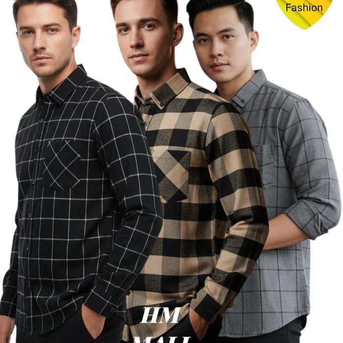 HM MALL Kemeja flanel Pria Premium Lengan panjang motif kotak kotak garis Polos xs zoeymfg orange