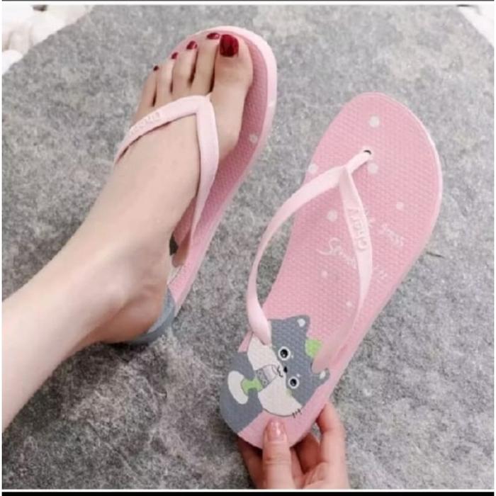 Sandal Wanita jepit Karakter Kucing dot sendal jepit cewek pink hitam putih sendal murah berkualitas