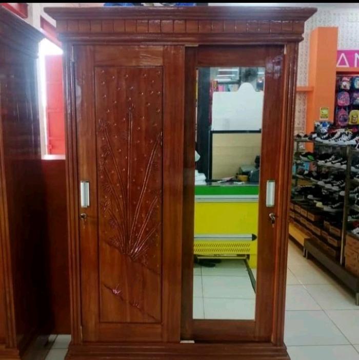 lemari pintu 2 sleding pintu kaca jati asli elegan