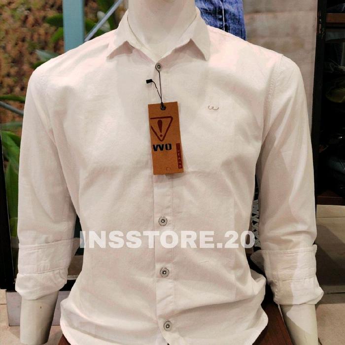 watchout jeans original kemeja slim fit pria polos warna putih lengan panjang kualitas premium Katun