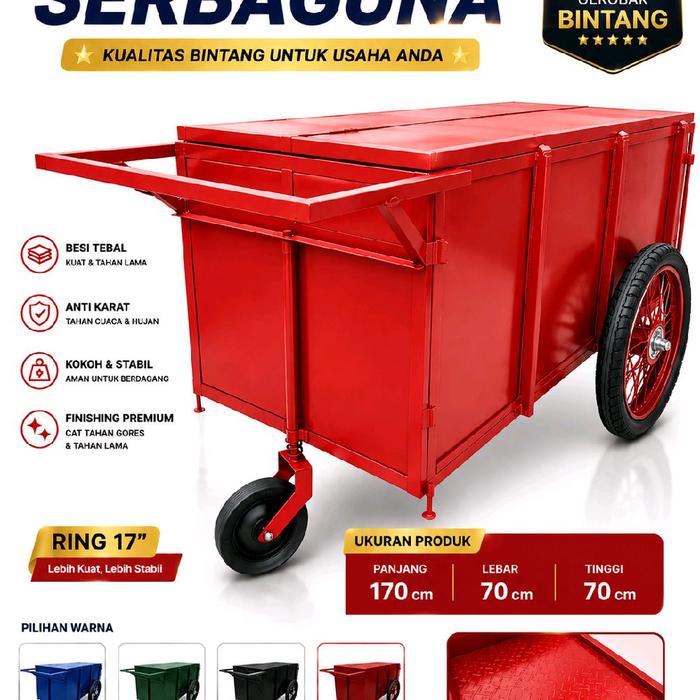 Gerobak Dagang Serbaguna Baja 170x70x70 cm untuk Pecel Lele Ayam Ikan Buah Sayur Ergonomis Kuat Stab