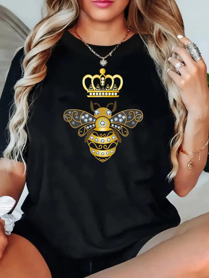 Camiseta de Mujer Talla Grande con Estampado Reina Abeja, Cuello Redondo y Manga Corta Casual Ligera
