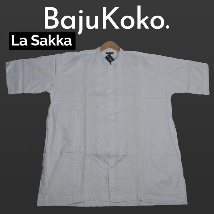 baju koko la shakka harga terjangkau kualitas bagus warna putih bordir putih kotak2 size dewasa jumb
