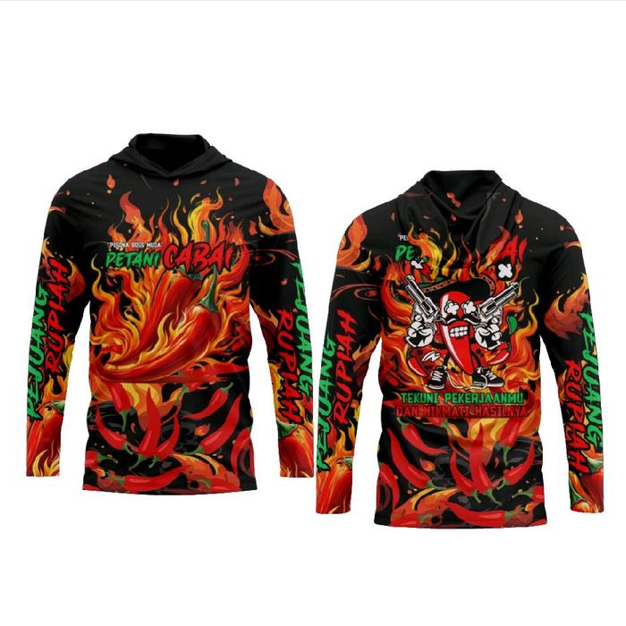 Jersey Kupluk Petani Cabai dengan Desain Api dan Cabai Merah