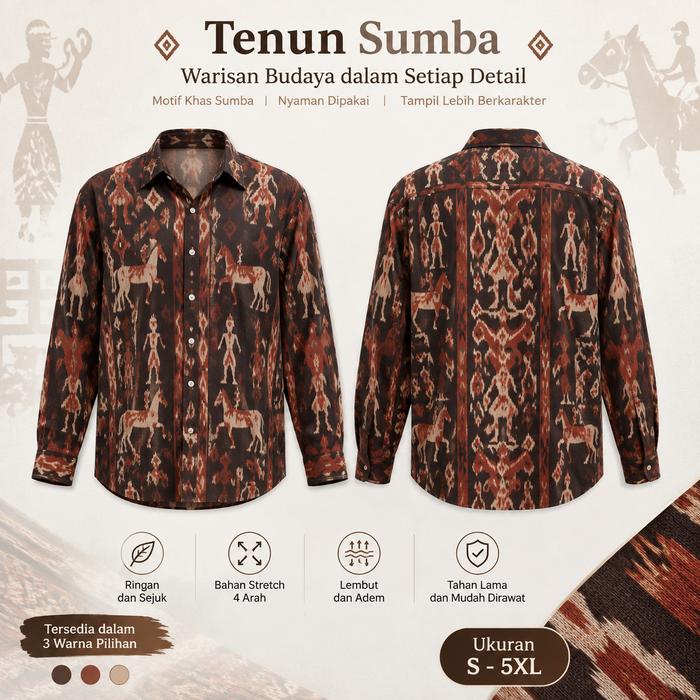 Kemeja Tenun Sumba Pria Motif Etnik Tradisional Lengan Panjang Warna Cokelat Hitam Kerah Kemeja Kanc