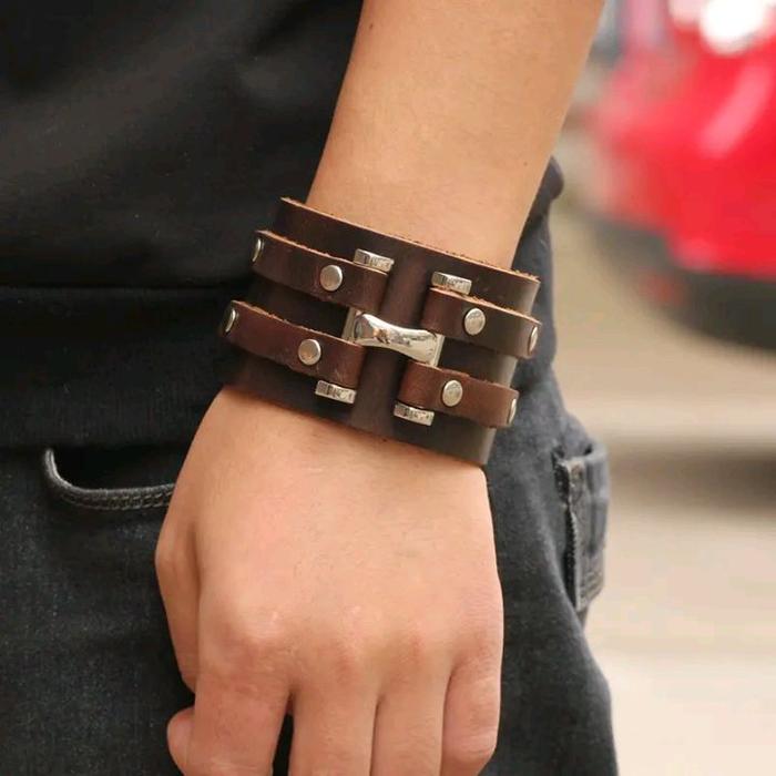 GELANG TANGAN KULIT DAN STANLESS STEEL MODEL LEBAR - GKUL014.2 COKLAT GELAP KEHITAMAN Bracelets Stai