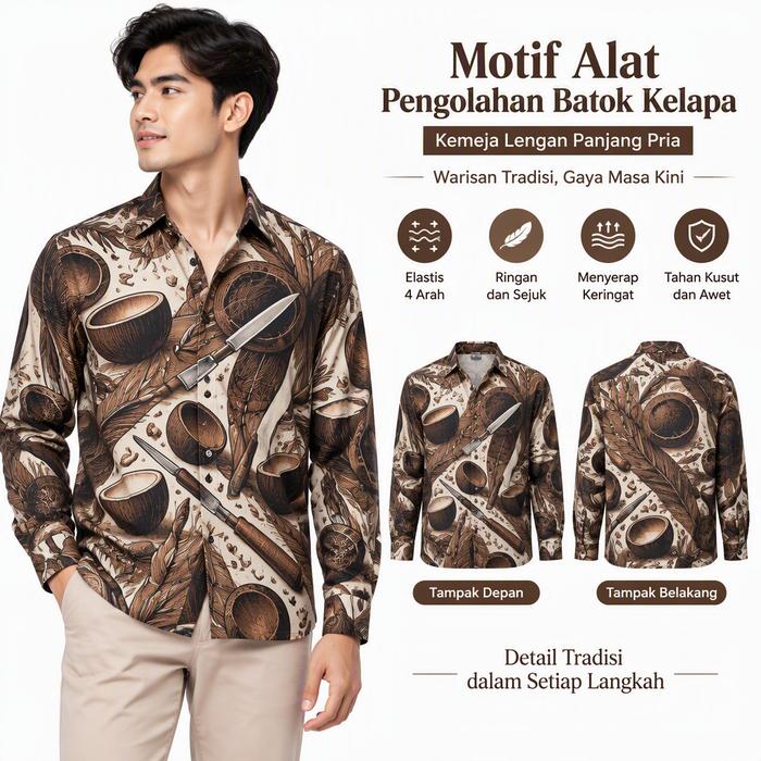 Kemeja Batik Pria Lengan Panjang Motif 3D Alat Pengolahan Batok Kelapa, warna cokelat krem dengan il