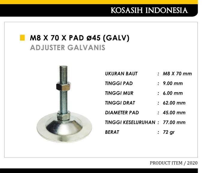 100 ADJUSTER FOOT M8 X 70 X PAD 45 (GALV)