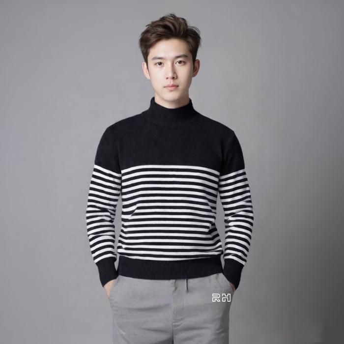 PREMIUM (READY) terjamin SWEATER RAJUT PRIA TURTLENECK KOREAN STYLE - MOTIF BELANG HITAM STRIP PUTIH