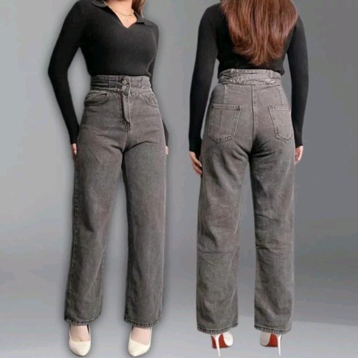 Celana Panjang HW Kulot Jeans Boyfriend Jeans Korea Jeans Celana Jeans Kancing Loose Wanita Bawahan 