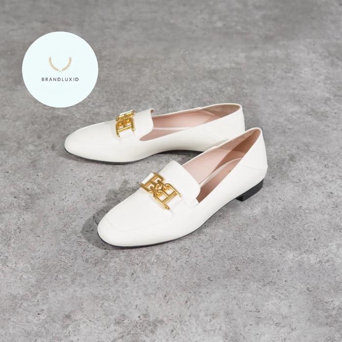 Bally Ellah BB Gold Calf Skin Flat Shoes in Ivory White