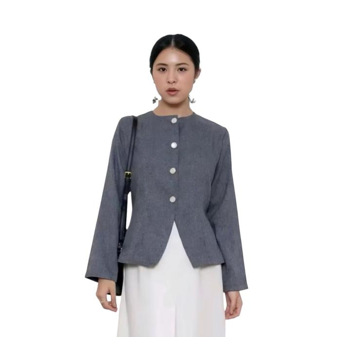 El.twinscollection Ailee Top Blazer Semi Wool Korean Style Hijab Friendly Blouse Full Kancing Nyaman