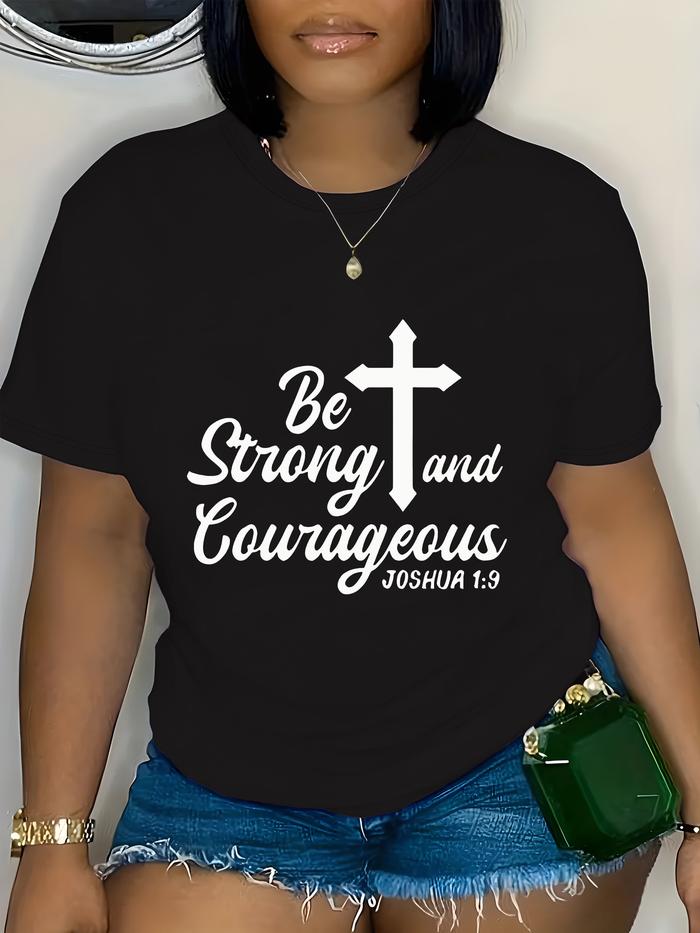 Camiseta Plus Size para Mujer con Estampado Geometrico en Blanco y - Versiculo Inspirador de Josue 1