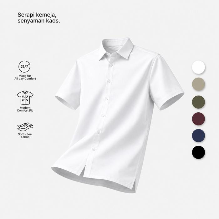 Kemeja Pria Lengan Pendek Larusso Putih Katun Knit Premium - On Repeat Basic Full Button